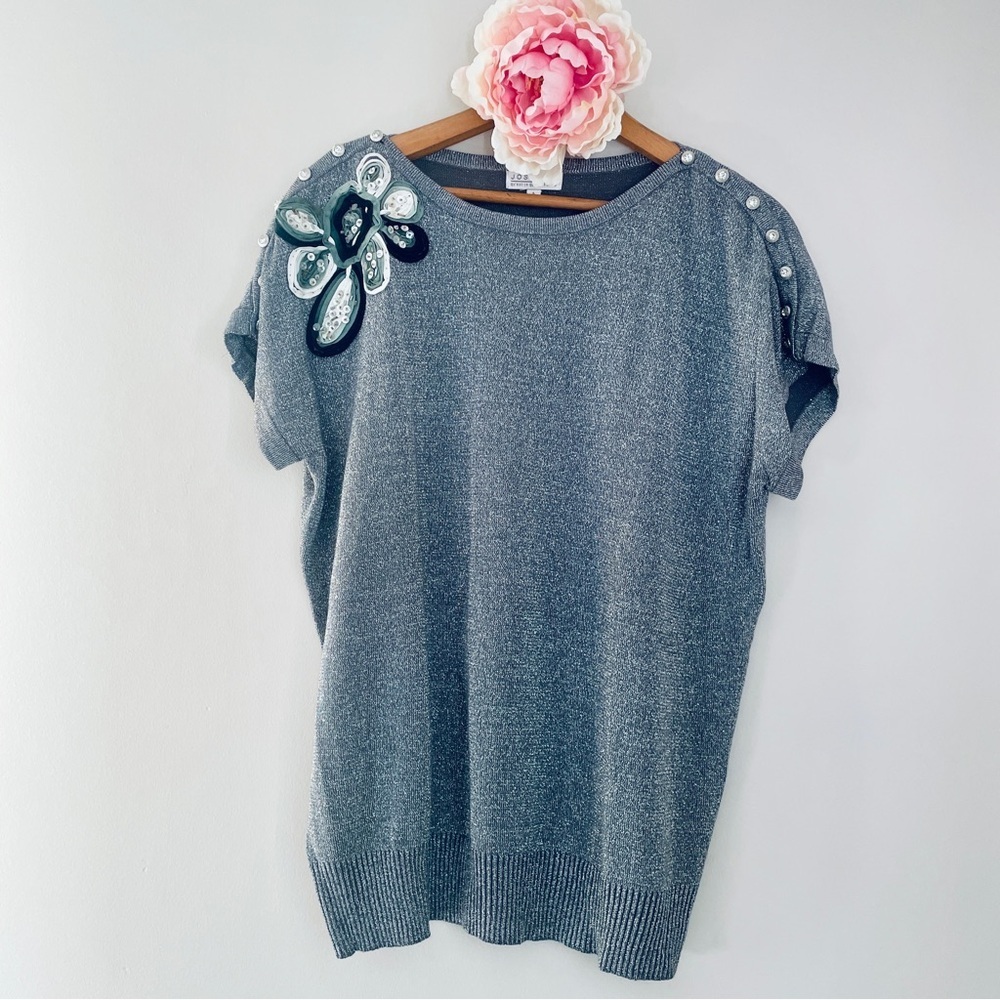 Joseph A Embellished Floral Beaded Appliqué Pearl Short Sleeve Sweater Top Large